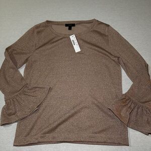 NWT J. Crew Sparkle Bell Sleeve Top in a rose gold metallic, size S